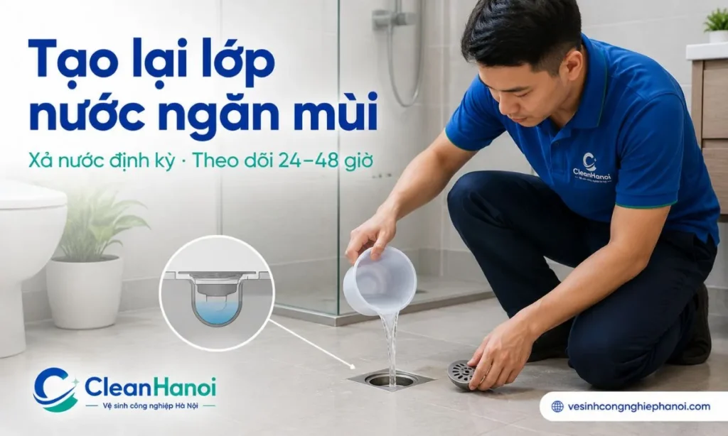 Sau khi vệ sinh phễu thoát sàn, cần đổ nước sạch để tạo lại lớp nước ngăn mùi và theo dõi trong 24–48 giờ; nếu mùi quay lại nhanh có thể liên quan đến phễu chống mùi, đường ống hoặc thoát khí.