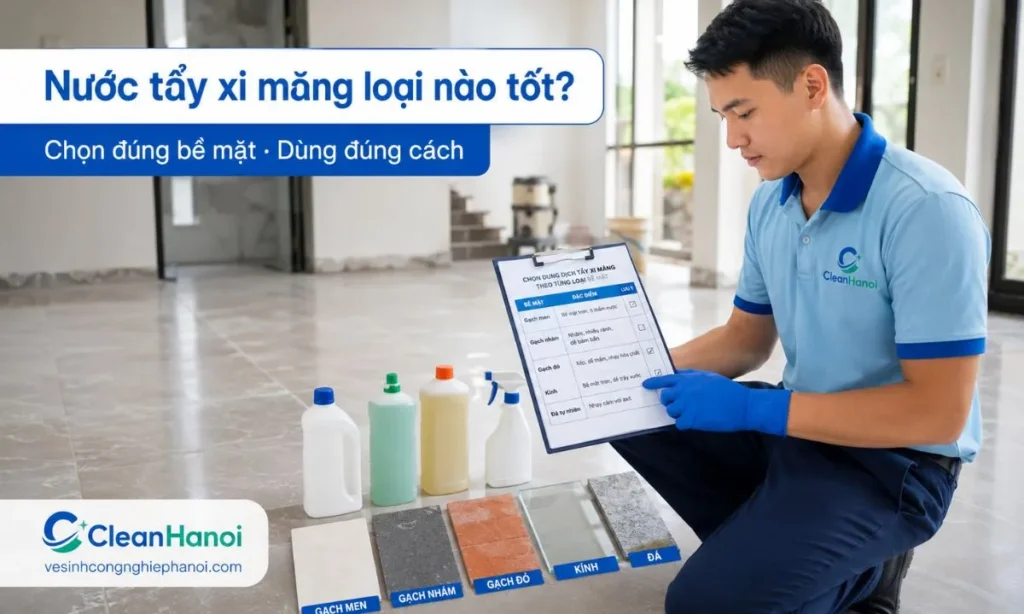 Trước khi dùng nước tẩy xi măng, cần đọc kỹ nhãn sản phẩm, kiểm tra bề mặt phù hợp, hướng dẫn pha loãng, cảnh báo an toàn và thử ở góc khuất để tránh loang màu, xỉn men, hỏng ron hoặc ăn bề mặt.