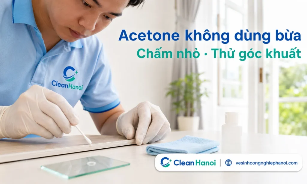Khi dùng acetone hoặc dung môi để tẩy keo 502, chỉ nên chấm lượng nhỏ lên khăn hoặc tăm bông, thử ở góc khuất trước và không đổ trực tiếp lên nhựa, gỗ, sàn phủ, vải hoặc bề mặt nội thất.