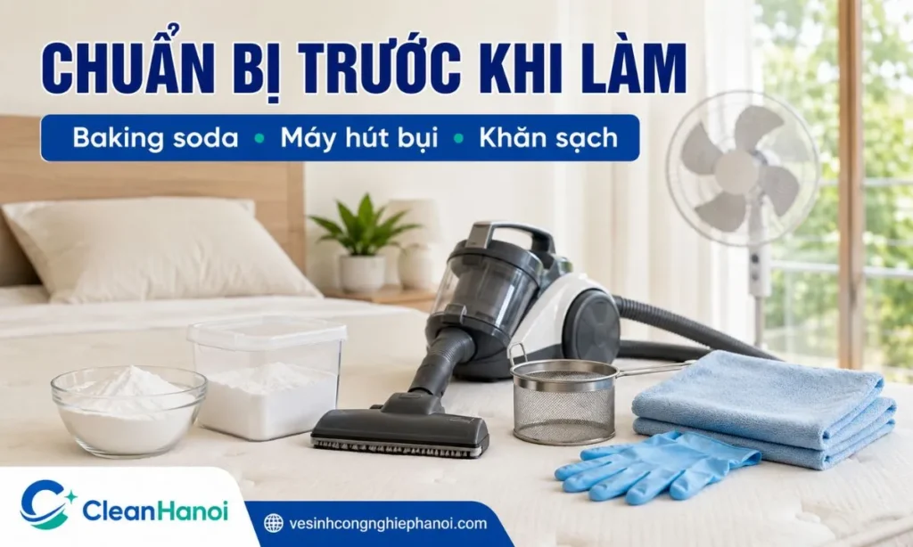 để làm sạch nệm bằng baking soda gồm máy hút bụi, baking soda, khăn trắng, rây rắc bột, găng tay và quạt hỗ trợ thông gió.