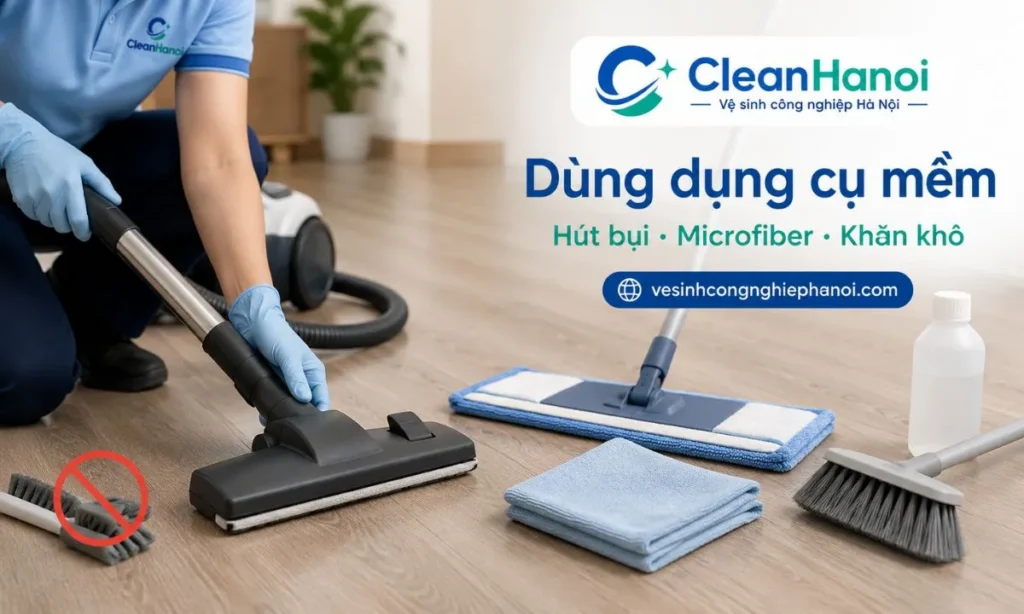Dụng cụ vệ sinh sàn nhựa giả gỗ nên gồm máy hút bụi đầu mềm, chổi mềm, cây lau microfiber, khăn khô sạch và dung dịch vệ sinh trung tính pha loãng, tránh bàn chải cứng và hóa chất tẩy mạnh.