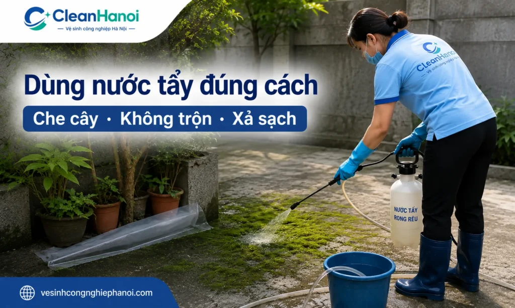 Khi dùng nước tẩy rong rêu trên nền xi măng, cần đeo găng tay, đọc hướng dẫn, không trộn hóa chất, che chắn cây cảnh, hồ cá, khu vực nhạy cảm và xả sạch nền sau khi xử lý.