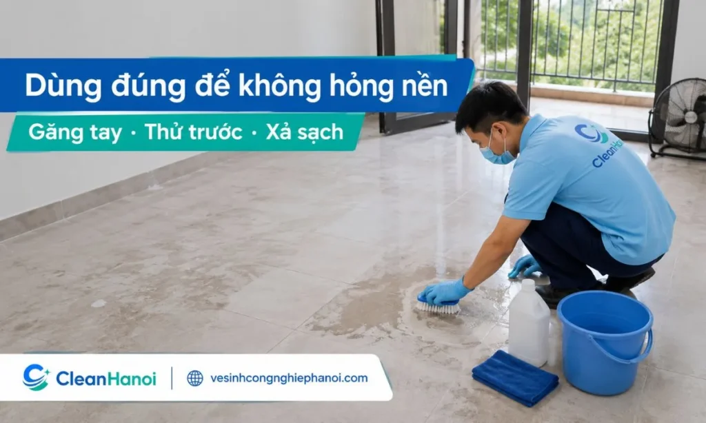 Khi dùng nước tẩy xi măng, cần đeo găng tay, khẩu trang, mở thông gió, không trộn hóa chất, không để dung dịch khô trên bề mặt, xả sạch nhiều lần ở ron gạch, khe nhám và lau khô sau khi xử lý.