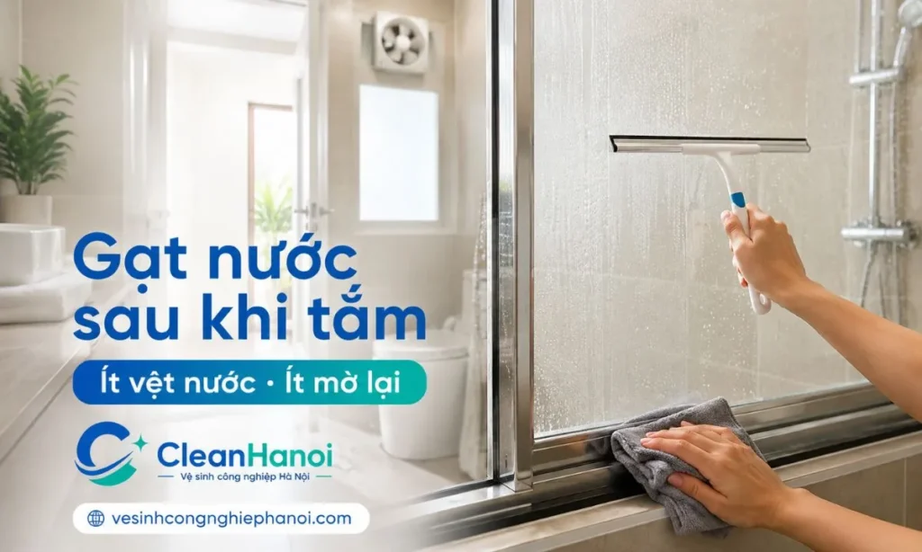 Sau khi tắm hoặc sau khi vệ sinh vách kính, nên gạt nước, lau khô mép kính, ray trượt, gioăng cao su và mở thông gió để kính nhà tắm sạch lâu, ít bám vệt nước và ít bị mờ lại.