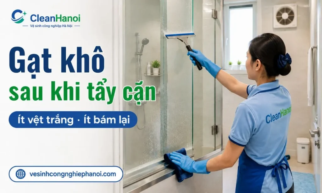 Sau khi tẩy cặn canxi trên kính, cần xả sạch dung dịch, gạt nước từ trên xuống, lau khô mép kính, ray trượt và giữ phòng tắm thông thoáng để hạn chế vệt trắng, cặn vôi và cặn khoáng quay lại.