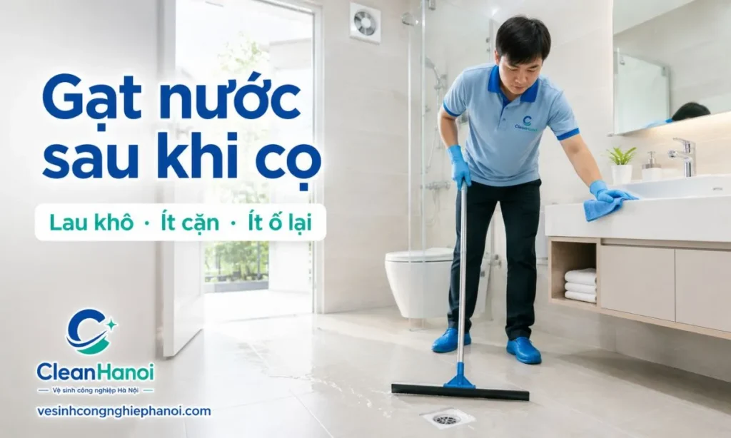 Sau khi tẩy ố vàng nhà vệ sinh, cần xả sạch hóa chất, gạt nước về phễu thoát sàn, lau khô lavabo, vòi nước, kệ đồ và giữ phòng tắm thông thoáng để hạn chế vết ố vàng quay lại.