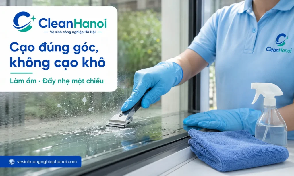 Khi tẩy sơn trên kính, nên làm ẩm vết sơn rồi dùng dao cạo kính chuyên dụng đặt ở góc nghiêng thấp, đẩy nhẹ theo một chiều, không dựng lưỡi quá đứng và không cạo khô.