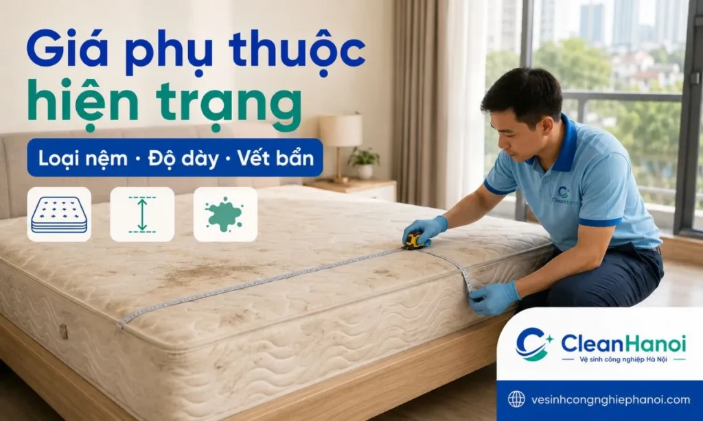 Giá giặt nệm tại nhà có thể thay đổi theo loại nệm, kích thước, độ dày, tình trạng mùi hôi, ố vàng, nước tiểu, ẩm mốc và số lượng nệm cần vệ sinh.