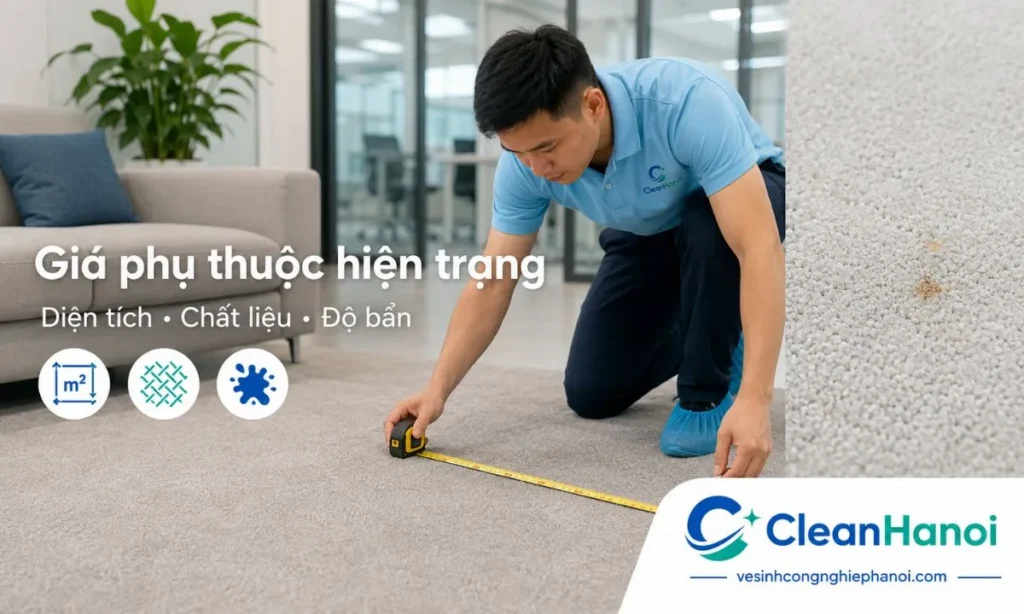 Giá giặt thảm có thể thay đổi theo diện tích thảm, chất liệu, mức độ bẩn, vết bẩn cục bộ, mùi hôi, vị trí thi công và thời gian làm việc.