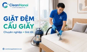 CleanHanoi sử dụng thiết bị phun hút để làm sạch đệm và xử lý khu vực có vết bẩn tại Cầu Giấy.