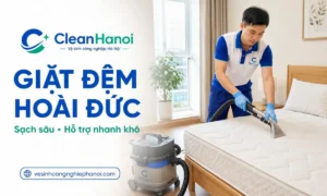 nhân viên CleanHanoi sử dụng thiết bị vệ sinh đệm tại nhà ở Hoài Đức, thực hiện theo chất liệu và tình trạng thực tế.