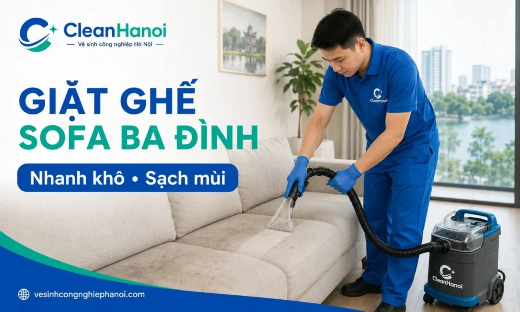 Nhân viên CleanHanoi kiểm tra chất liệu và vệ sinh sofa phòng khách tại nhà bằng thiết bị phù hợp với bề mặt ghế.