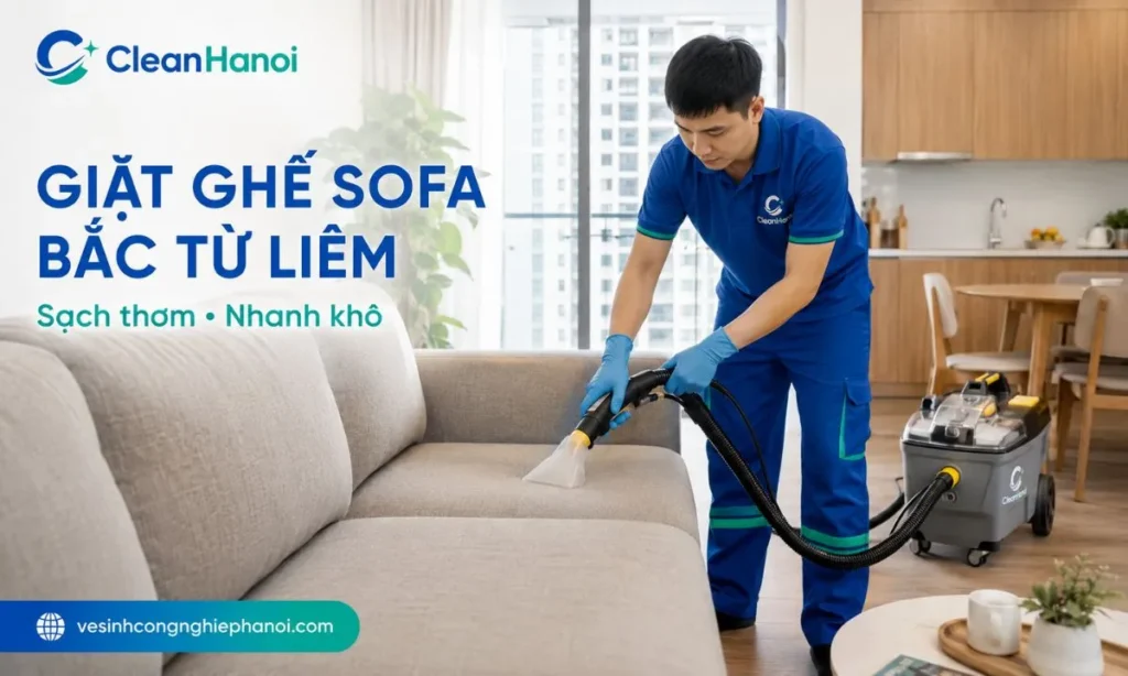 Nhân viên CleanHanoi kiểm tra chất liệu và vệ sinh sofa phòng khách bằng thiết bị phù hợp, hỗ trợ thu hồi nước bẩn và giảm độ ẩm trong ghế.