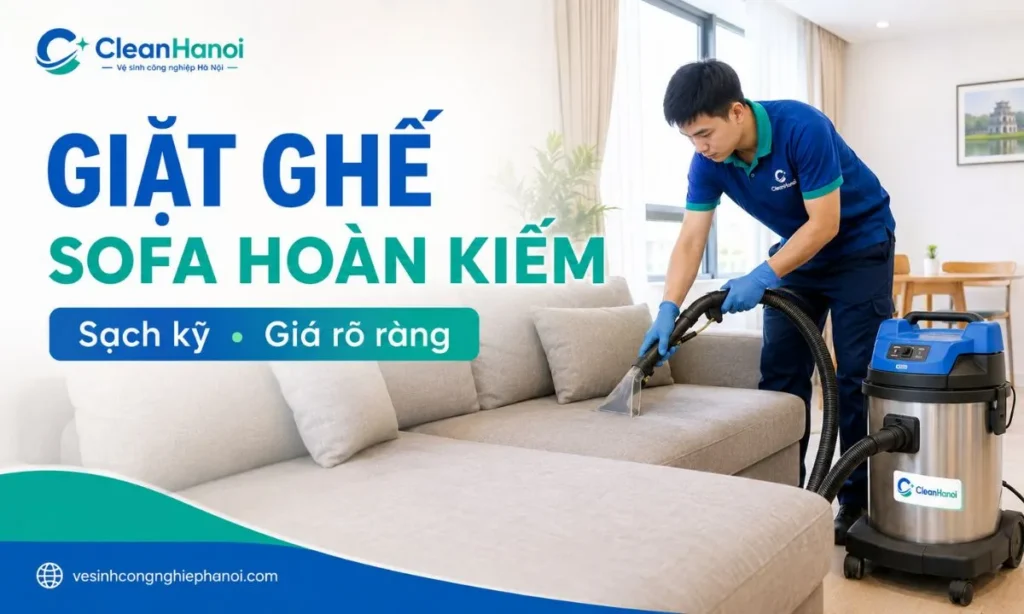 Nhân viên CleanHanoi kiểm tra bề mặt và vệ sinh sofa trong không gian căn hộ hoặc khu vực tiếp khách tại trung tâm Hà Nội.