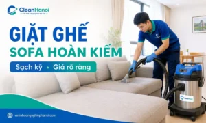 Nhân viên CleanHanoi kiểm tra bề mặt và vệ sinh sofa trong không gian căn hộ hoặc khu vực tiếp khách tại trung tâm Hà Nội.