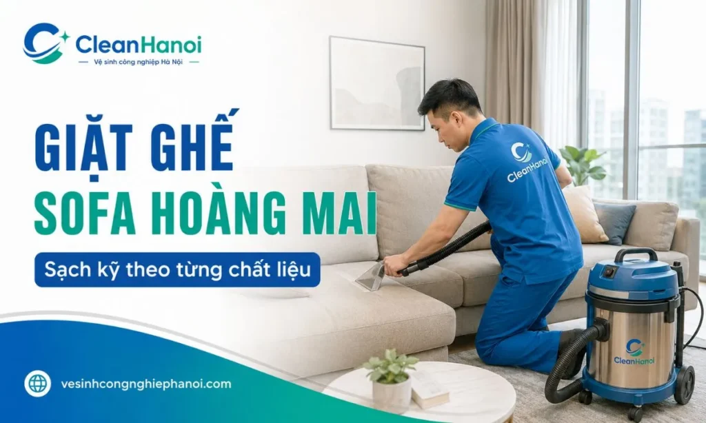 Đội thi công CleanHanoi kiểm tra chất liệu và vệ sinh sofa phòng khách tại nhà bằng thiết bị phun hút phù hợp.