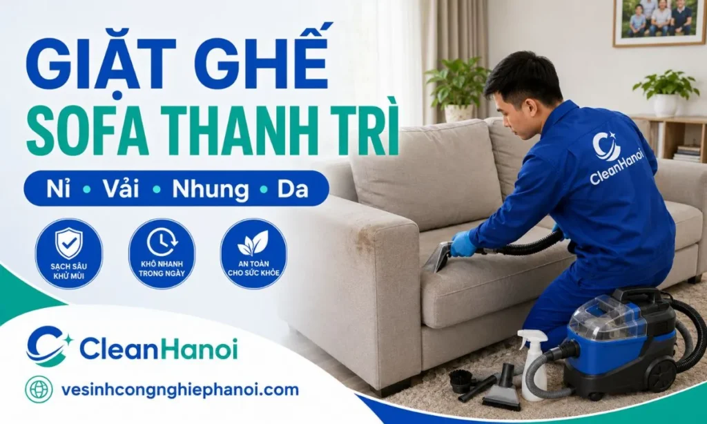 Nhân viên CleanHanoi giặt ghế sofa tại nhà ở Thanh Trì