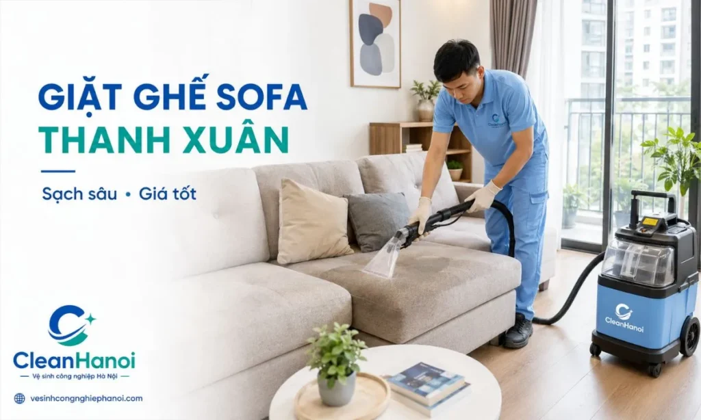 CleanHanoi sử dụng thiết bị chuyên dụng làm sạch ghế sofa tại căn hộ thuộc khu vực Thanh Xuân