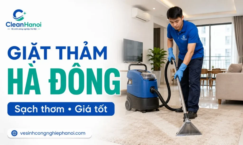 nhân viên CleanHanoi thực hiện vệ sinh thảm bằng thiết bị chuyên dụng tại khu vực Hà Đông.