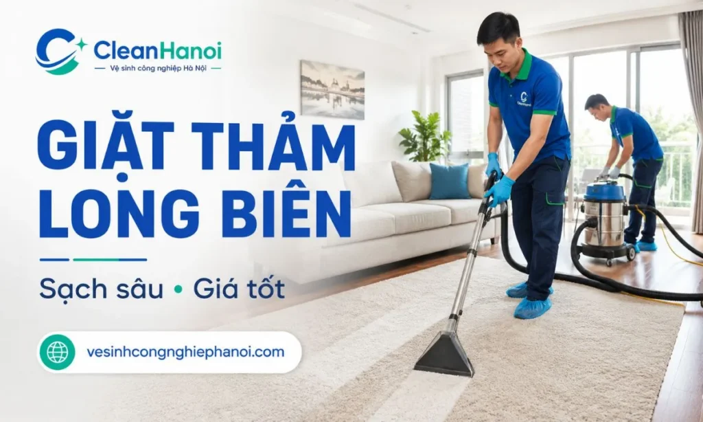 dịch vụ giặt thảm tại Long Biên, nhân viên sử dụng máy chuyên dụng để làm sạch thảm trải sàn theo hiện trạng thực tế.