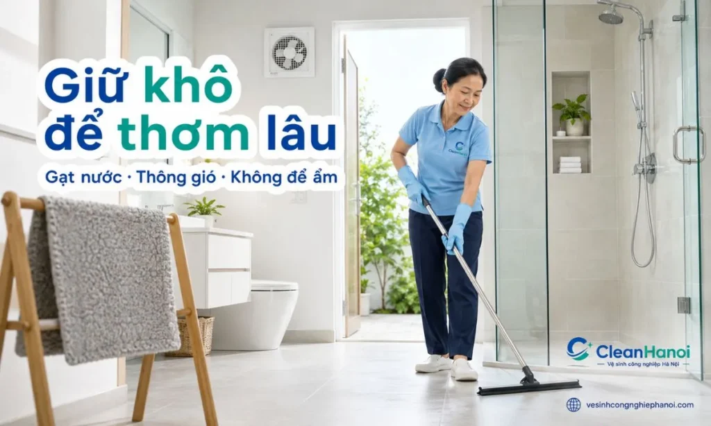 Phòng tắm thơm lâu hơn khi sàn, vách kính, thoát sàn và góc tường được gạt nước sau khi tắm, mở cửa hoặc bật quạt thông gió, không để khăn ướt, thảm chân ẩm hoặc quần áo ẩm trong phòng kín.