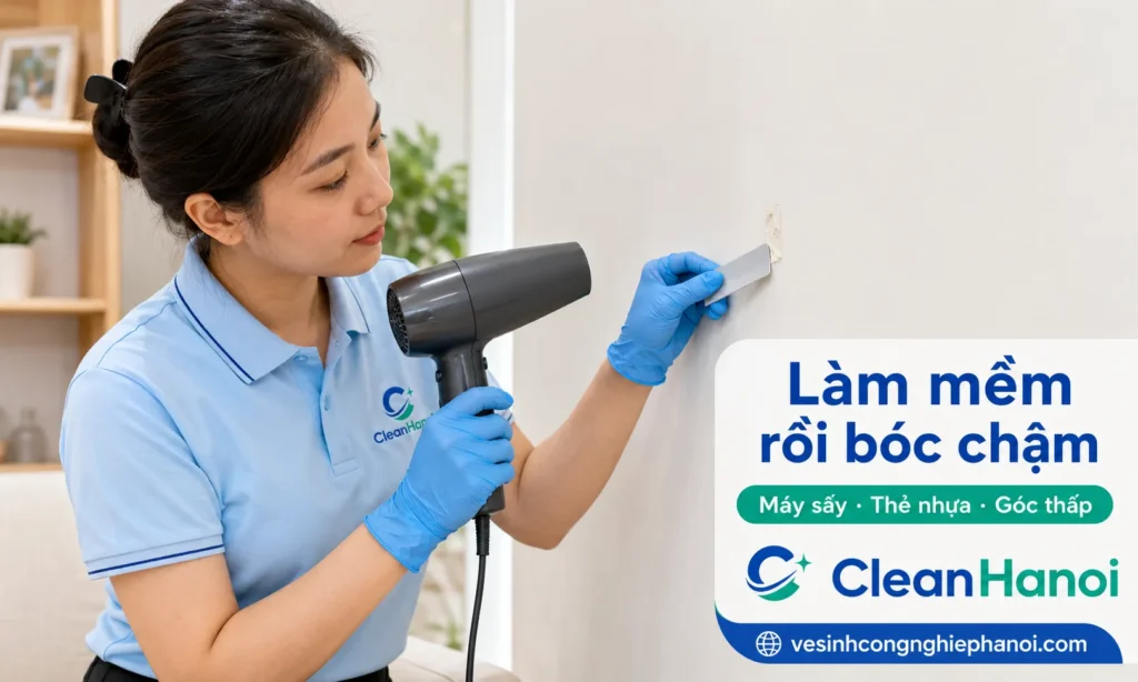 Khi gỡ keo 2 mặt, móc dán hoặc băng dính trên tường sơn, nên dùng máy sấy mức vừa để làm mềm keo, bóc chậm theo góc thấp và dùng thẻ nhựa để đẩy nhẹ từng lớp keo.