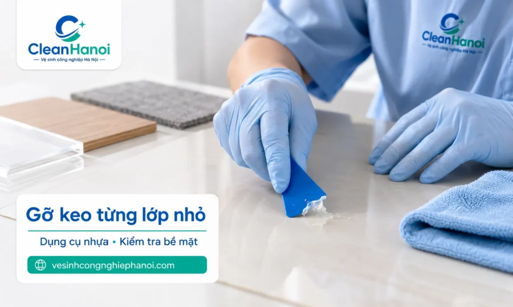 Sau khi xác định bề mặt và thử dung môi nếu cần, nên gỡ phần keo 502 nổi bằng bay nhựa hoặc dụng cụ mềm, lau từng lớp nhỏ bằng khăn sạch rồi kiểm tra bề mặt để tránh xước kính, mờ nhựa, loang gỗ hoặc bạc màu vải.