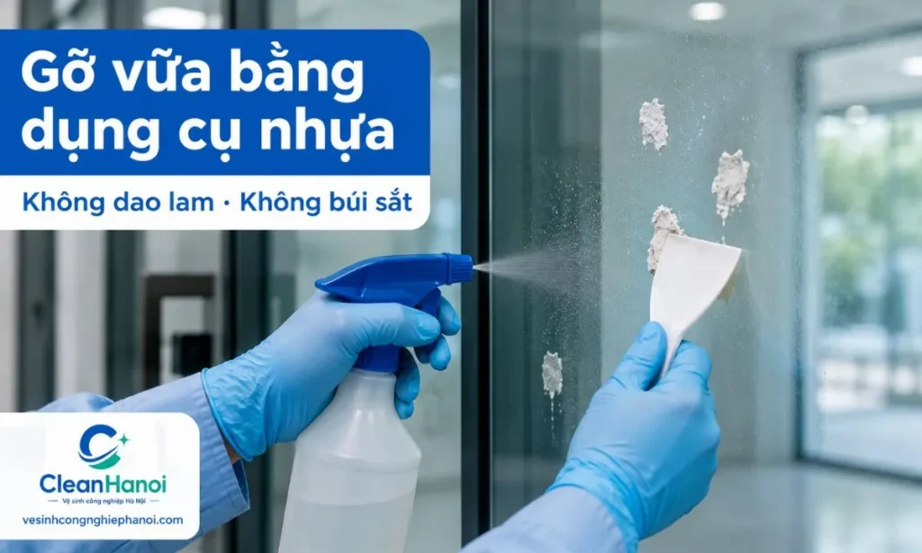 Với vữa xi măng khô bám trên kính, cần làm mềm vết bám trước rồi dùng dao cạo nhựa hoặc bay nhựa gỡ nhẹ phần vữa nổi, tránh dao lam, tua vít, giấy nhám hoặc búi sắt làm xước kính.