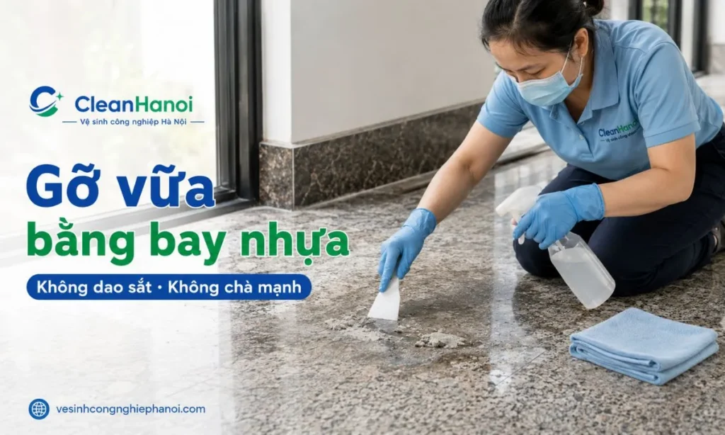 Với vữa xi măng bám trên nền đá hoa cương, granite hoặc marble, nên làm mềm bằng nước sạch trước rồi dùng bay nhựa hoặc dao cạo nhựa gỡ nhẹ phần vữa nổi, tránh dao sắt, tua vít, giấy nhám hoặc búi sắt.