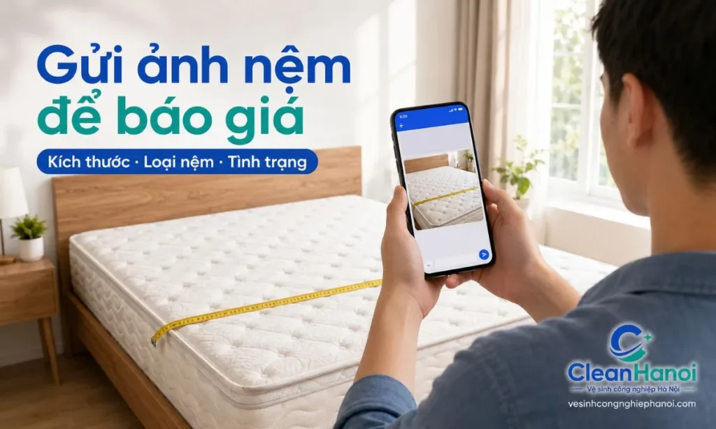Khách hàng nên gửi ảnh nệm, kích thước, loại nệm, tình trạng vết bẩn hoặc mùi hôi, số lượng và khu vực thi công để được báo giá giặt nệm tại nhà sát hơn.
