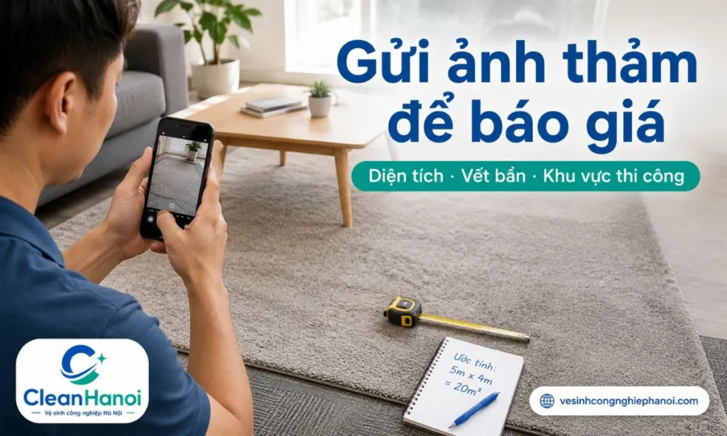 Khách hàng nên gửi ảnh tổng thể thảm, diện tích hoặc kích thước ước tính, tình trạng bụi bẩn, mùi ẩm, vết cà phê, dầu mỡ, nước tiểu hoặc vết bẩn cục bộ để được báo giá giặt thảm sát hơn.