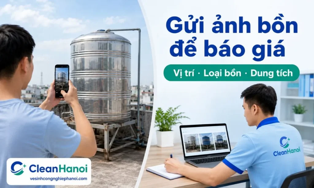 Khách hàng có thể gửi ảnh vị trí bồn, loại bồn inox hoặc bồn nhựa, dung tích ước tính, số lượng bồn và điều kiện tiếp cận để CleanHanoi tư vấn phương án vệ sinh bồn nước tại Hà Nội phù hợp hơn.