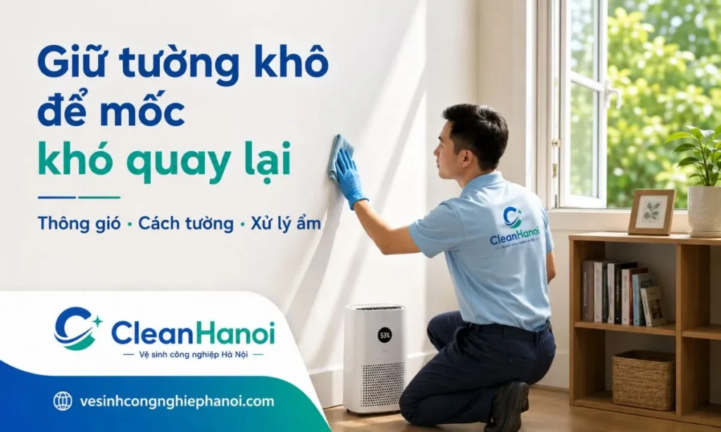 Sau khi tẩy mốc tường, cần giữ phòng thông thoáng, làm khô tường, dùng quạt hoặc máy hút ẩm nếu cần, kê tủ giường cách tường và kiểm tra nguồn thấm dột để hạn chế mốc quay lại.