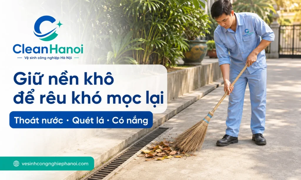Sau khi tẩy rong rêu, cần quét lá cây, thông rãnh thoát nước, xử lý nước đọng, giữ nền xi măng khô thoáng và chà rửa sớm khi rêu mới xuất hiện để hạn chế rêu mọc lại.