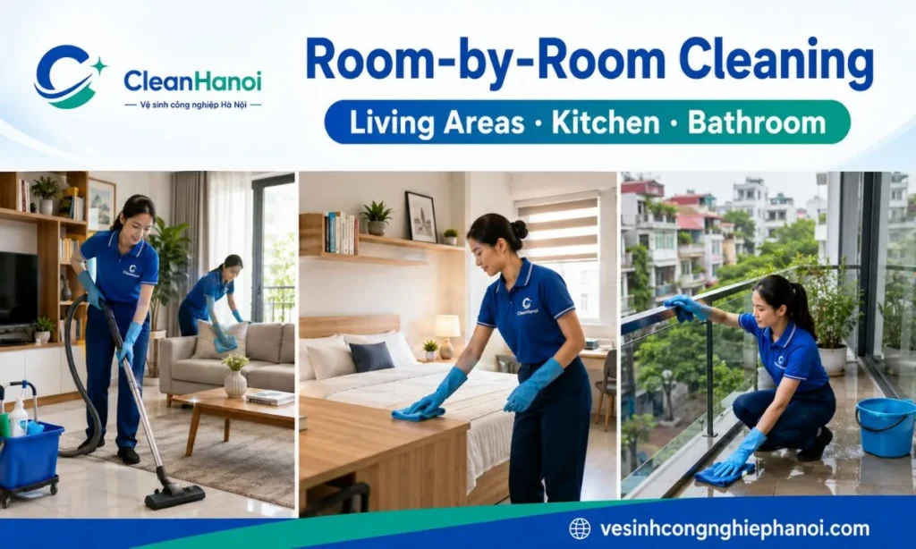 Room-by-room house cleaning covering living rooms, bedrooms, kitchens, bathrooms, stairs and balconies in Hanoi.