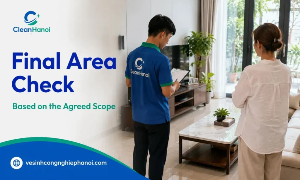 CleanHanoi staff check the agreed floors, furniture surfaces and indoor areas after completing a house cleaning service in Hanoi.