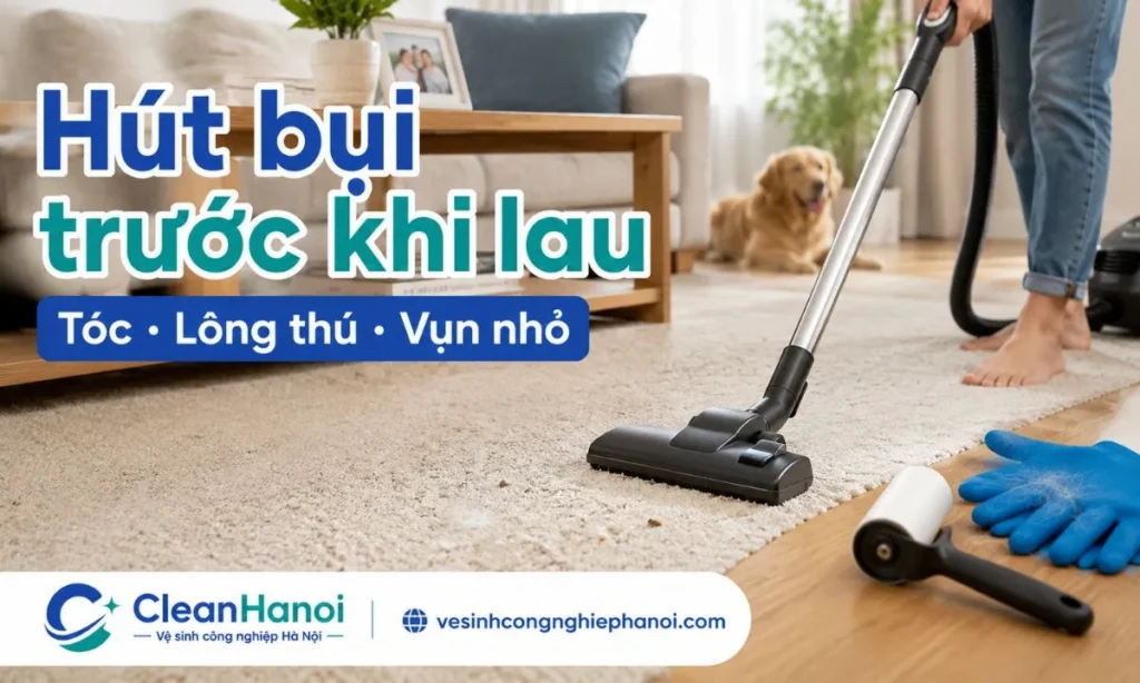 Trước khi lau ẩm hoặc dùng dung dịch, cần hút bụi kỹ, gom tóc, lông thú và vụn nhỏ trên thảm để tránh bụi gặp nước bám sâu hơn vào sợi thảm.