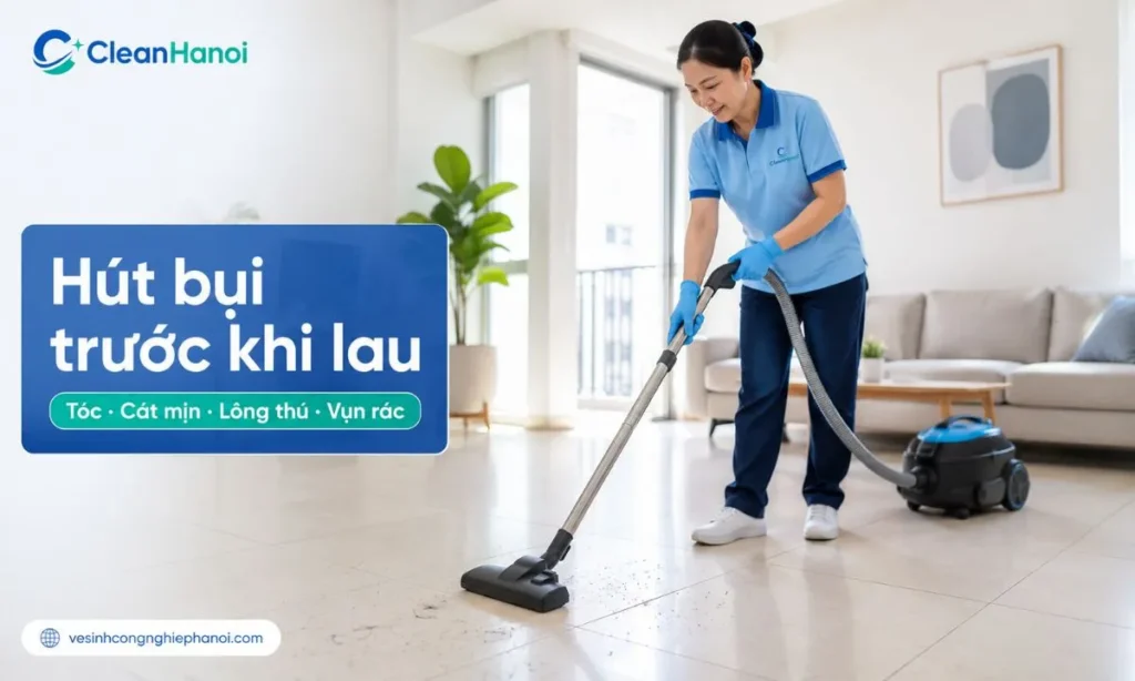 Trước khi lau nhà, nên quét hoặc hút bụi kỹ để loại bỏ tóc, cát mịn, vụn thức ăn và lông thú cưng, tránh cây lau kéo bụi bẩn thành vệt dài trên sàn.