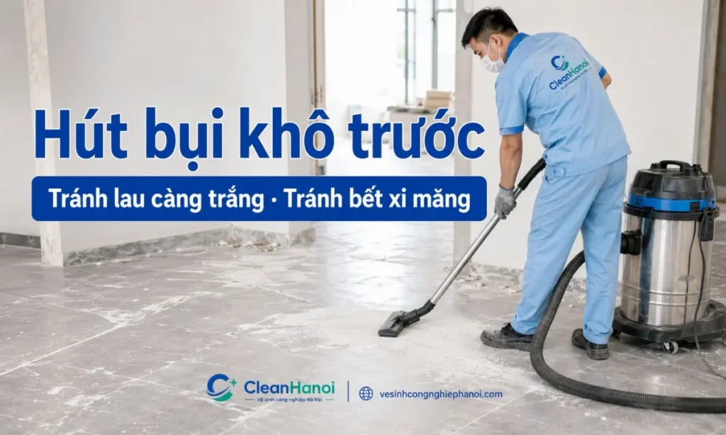 Trước khi tẩy xi măng trên nền gạch, nên quét hoặc hút sạch bụi xi măng khô, cát nhỏ, mảnh vữa rời và bụi mịn để tránh bụi gặp nước tạo màng trắng loang trên bề mặt gạch.