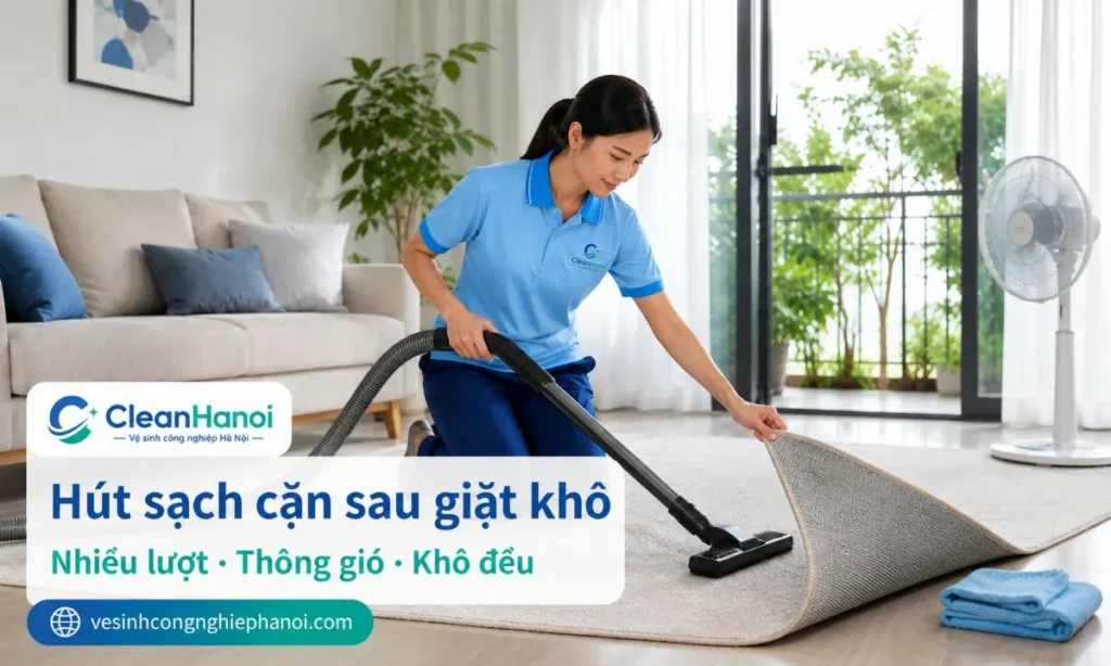 Sau khi giặt khô thảm, cần hút kỹ nhiều lượt để lấy hết cặn bột hoặc cặn foam, sau đó mở cửa, bật quạt và giữ phòng thông thoáng để thảm khô đều, không ám mùi ẩm.