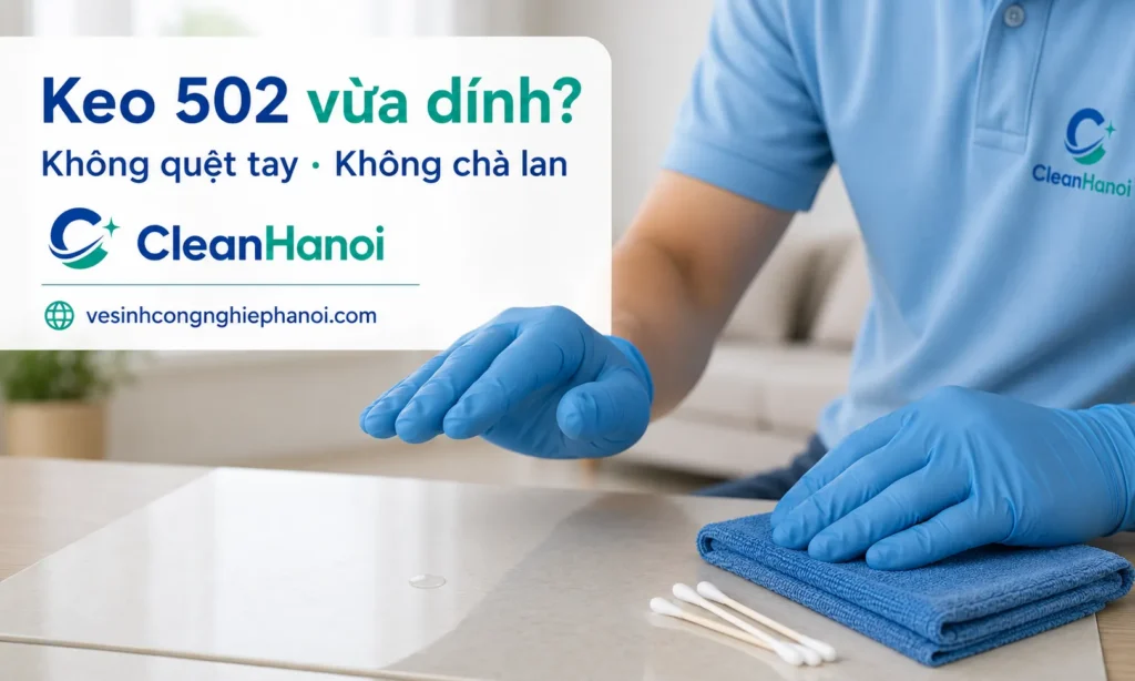 Khi keo 502 vừa dính lên gạch, kính, nhựa, gỗ hoặc vải, không nên quệt tay hoặc chà mạnh vì keo còn ướt rất dễ lan rộng, khiến vùng cần xử lý lớn hơn và khó làm sạch hơn.
