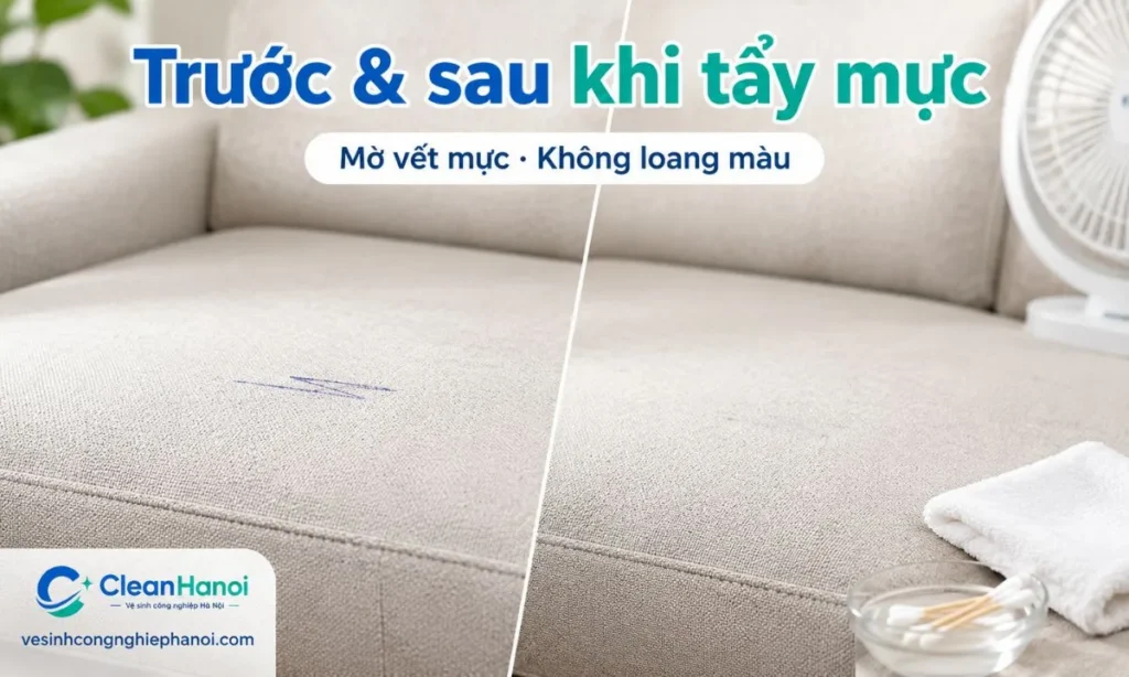 Hình ảnh trước và sau khi xử lý vết mực trên ghế sofa cho thấy vết mực được làm mờ rõ rệt, bề mặt không bị loang rộng, không bạc màu và được làm khô đúng cách sau khi vệ sinh.