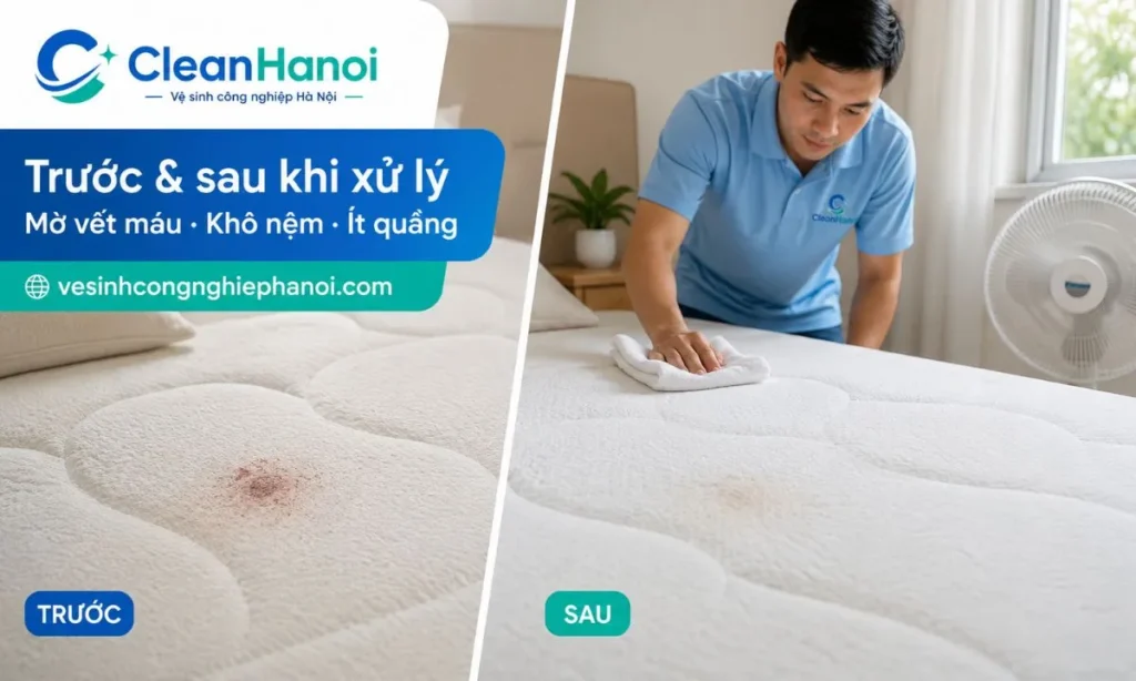 Hình ảnh trước và sau khi xử lý vết máu trên nệm cho thấy vết bẩn được làm mờ rõ rệt, bề mặt nệm khô hơn, không loang rộng, không quầng nước nặng và được làm khô bằng quạt trước khi trải ga lại.