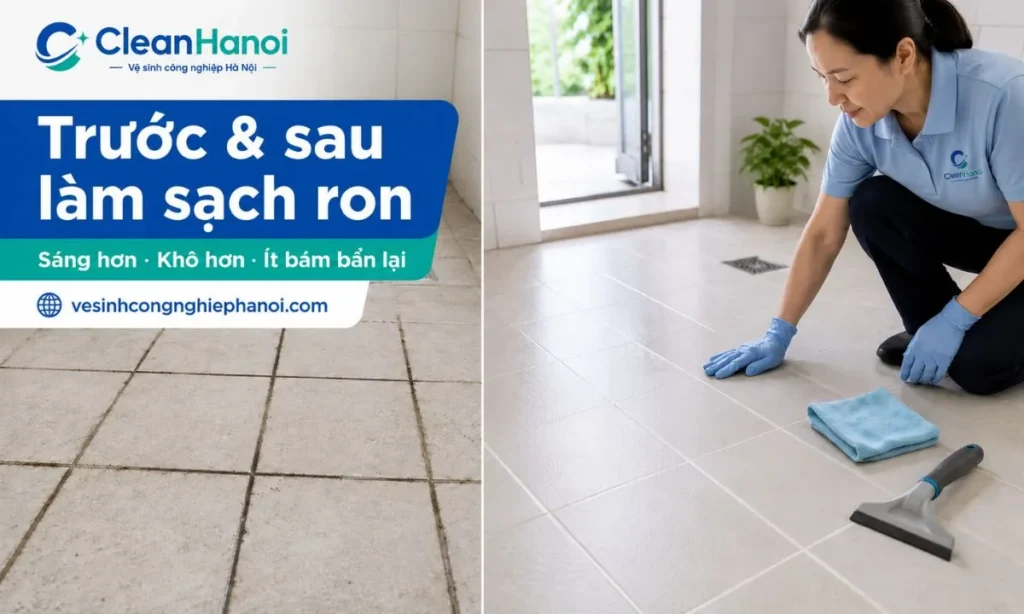 Hình ảnh trước và sau khi làm sạch ron gạch bị đen, mốc, ố bẩn cho thấy đường ron sáng hơn, cặn bẩn được lau sạch, bề mặt khô ráo hơn và khu vực được gạt nước để hạn chế mốc quay lại.