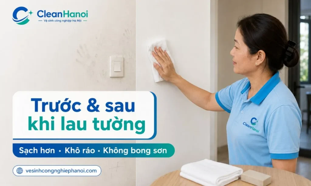 Hình ảnh trước và sau khi làm sạch tường sơn bị vết tay, bụi và bút chì nhẹ cho thấy tường sạch hơn, vết bẩn mờ rõ rệt, bề mặt khô, không loang nước, không bóng mảng và không bong sơn.