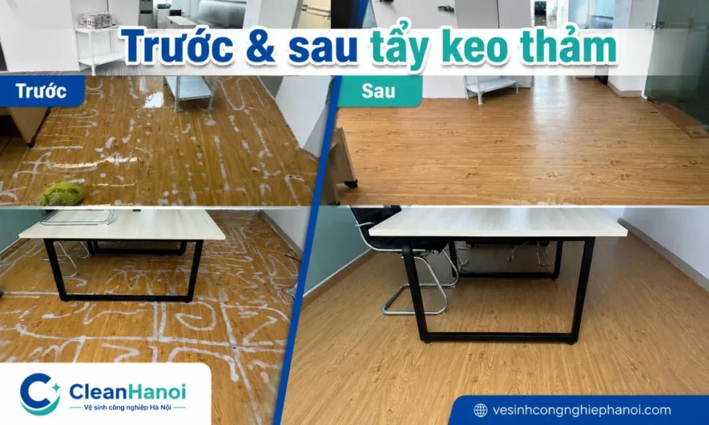 Hình ảnh trước và sau khi tẩy keo dán thảm trên sàn cho thấy lớp keo bám, vệt nhớt và bụi dính được xử lý rõ hơn, nền sạch cặn hơn, giảm bám bụi và sẵn sàng để bàn giao hoặc thi công sàn mới.