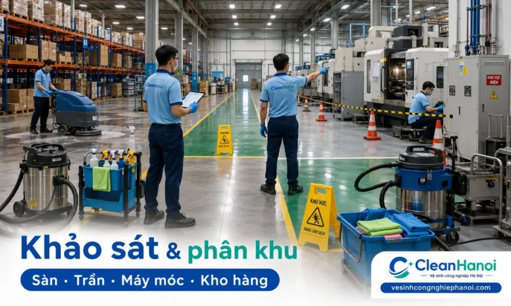 Khảo sát nhà xưởng trước khi vệ sinh giúp xác định diện tích, loại sàn, mức độ bẩn, vị trí kèo thép, trần cao, máy móc, kho hàng, tủ điện, khu phụ trợ và phương án phân khu thi công.