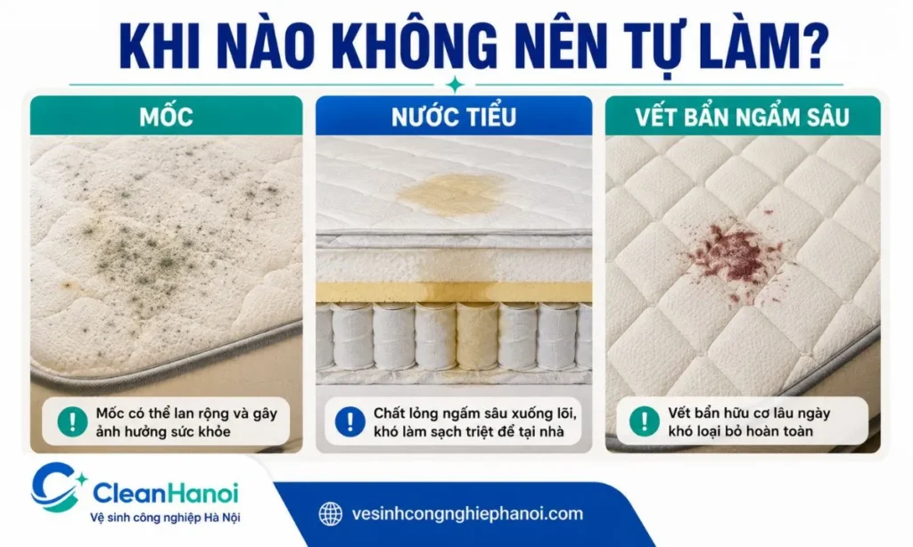 cảnh báo ba tình trạng baking soda không thể xử lý triệt để: nệm bị mốc, chất lỏng đã ngấm sâu và vết bẩn hữu cơ lâu ngày.