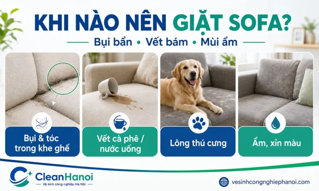 những tình trạng thường gặp trên sofa như bám bụi, dính đồ uống, có lông thú cưng và ám mùi sinh hoạt.