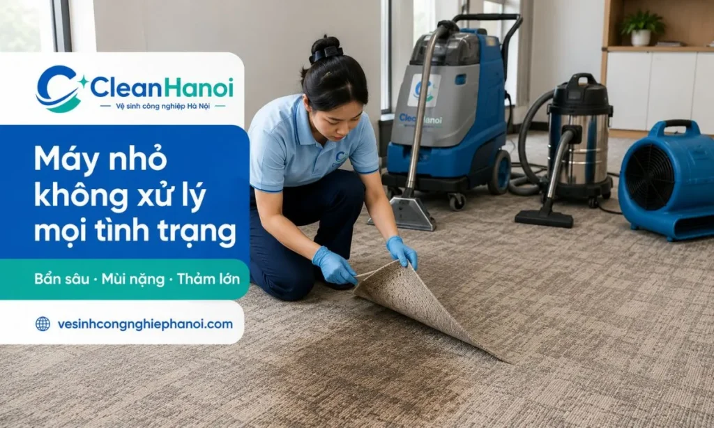 Nên thuê dịch vụ giặt thảm khi thảm lớn, dày, bẩn sâu, có mùi, có vết bẩn lâu ngày, thảm văn phòng diện tích lớn hoặc không có điều kiện hút khô và làm khô đúng cách sau khi giặt.